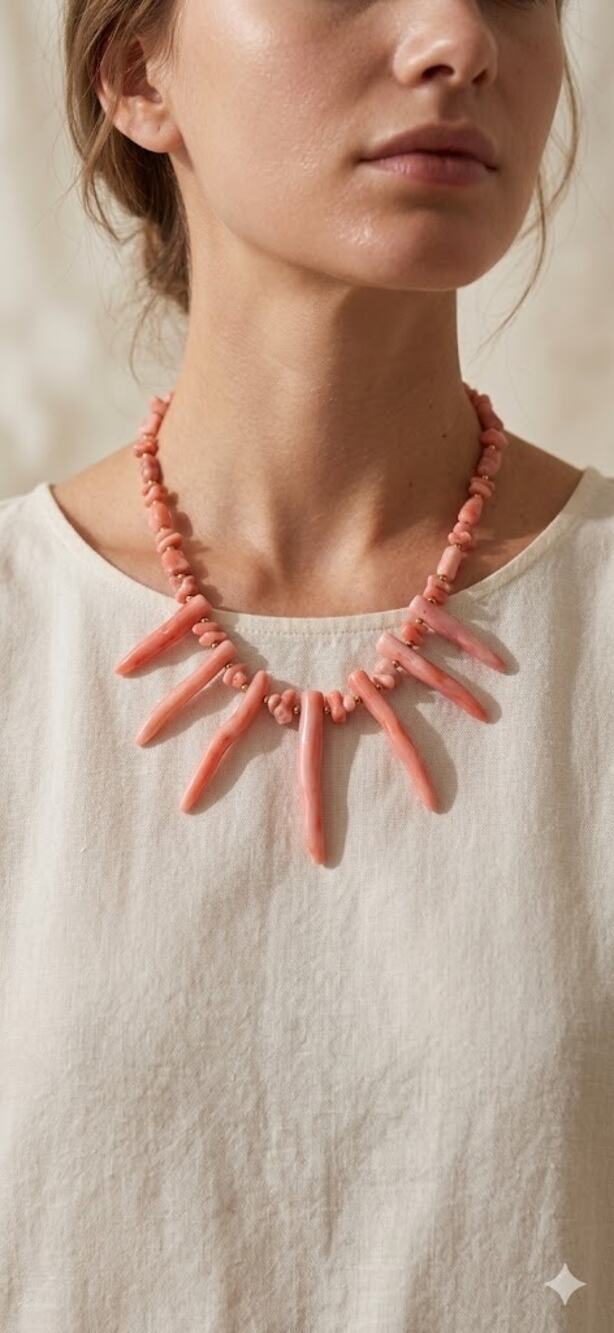 Vintage Pink Salmon Coral Shell Necklace Gold Tone Beads Estate Jewelry